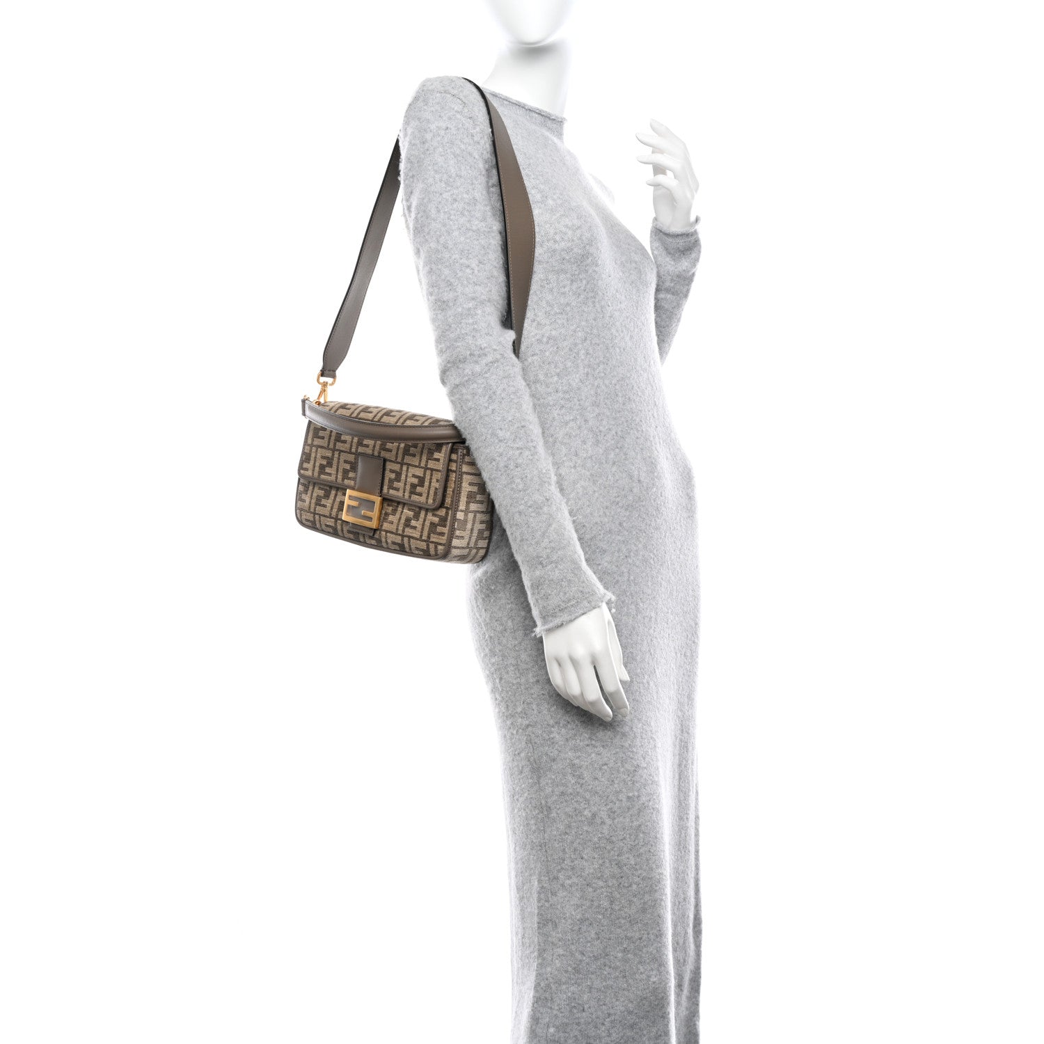 Fendi Chenille Vitello Seta FF Embroidered Baguette Tortora 2 of 12