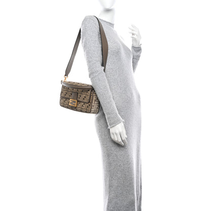 Fendi Chenille Vitello Seta FF Embroidered Baguette Tortora 2 of 12