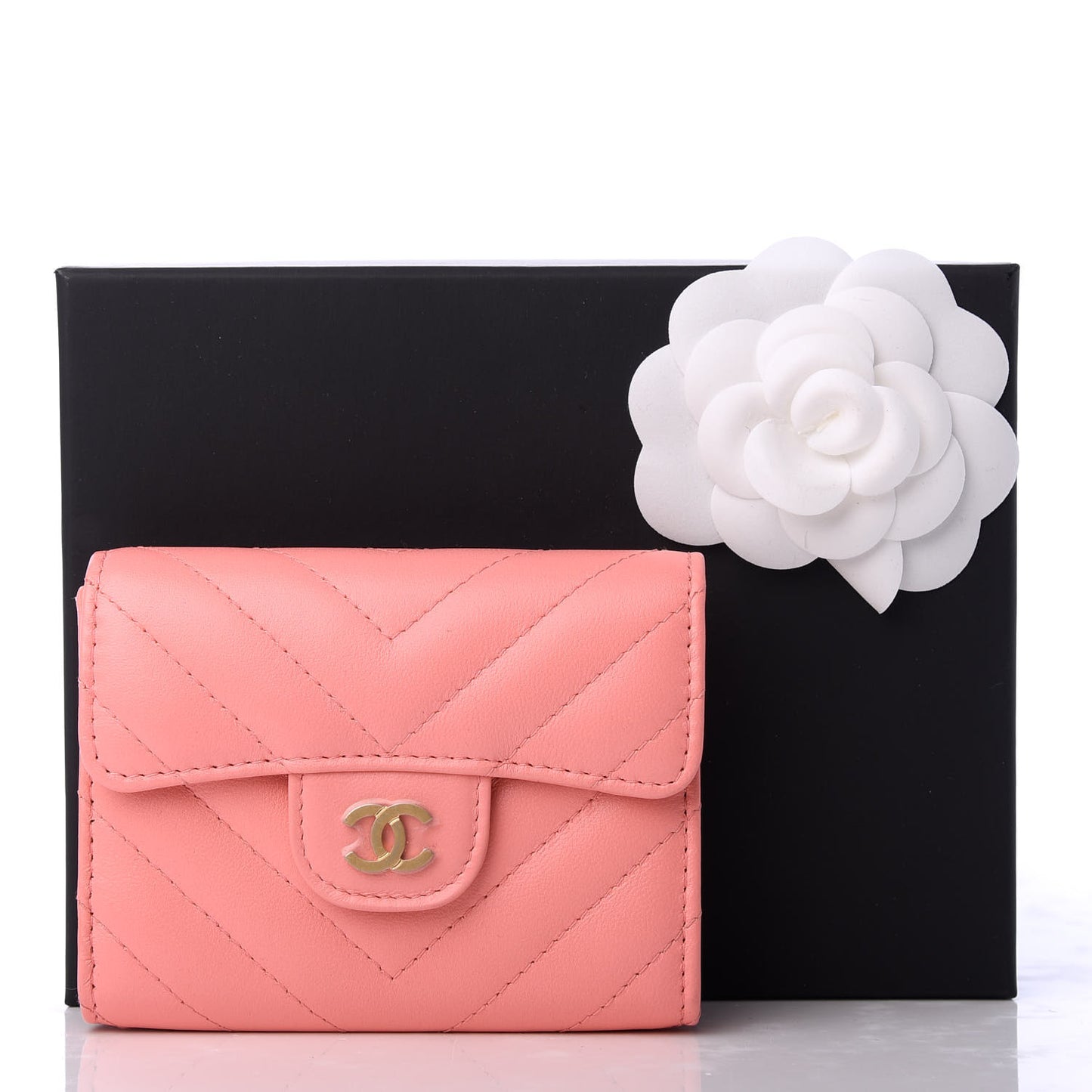 Lambskin Chevron Quilted Flap Card Holder Wallet Coral