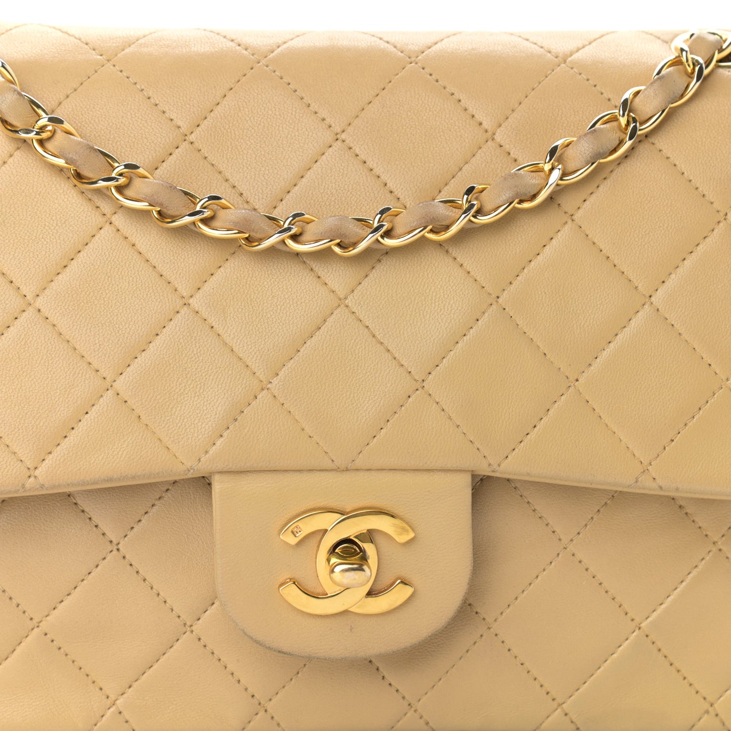 Lambskin Quilted Medium Double Flap Beige