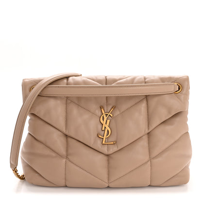 Saint Laurent Lambskin Quilted Medium Loulou Puffer Monogram Chain Satchel Dark Beige 1 of 14