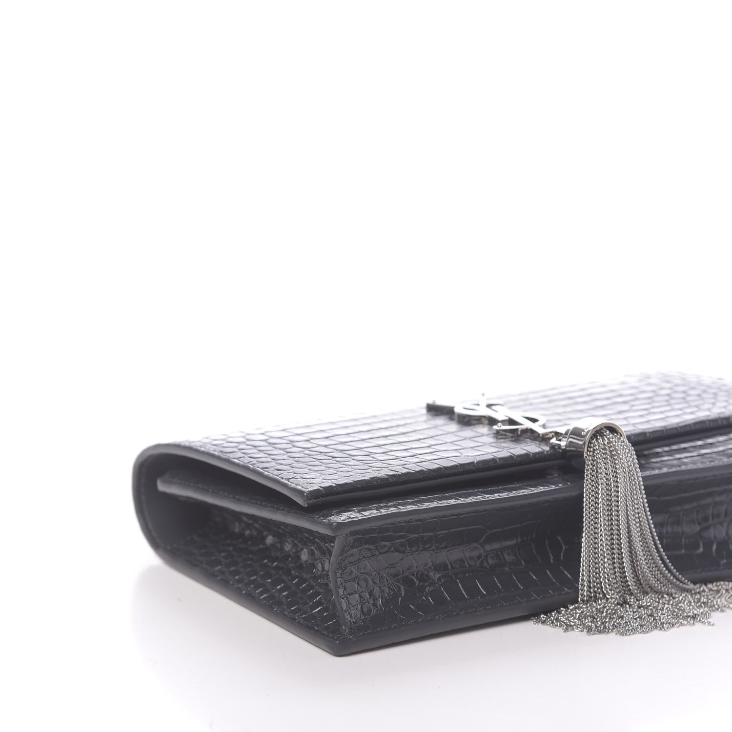 Saint Laurent Calfskin Crocodile Embossed Kate Monogram Tassel Chain Wallet Dark Smog 7 of 10