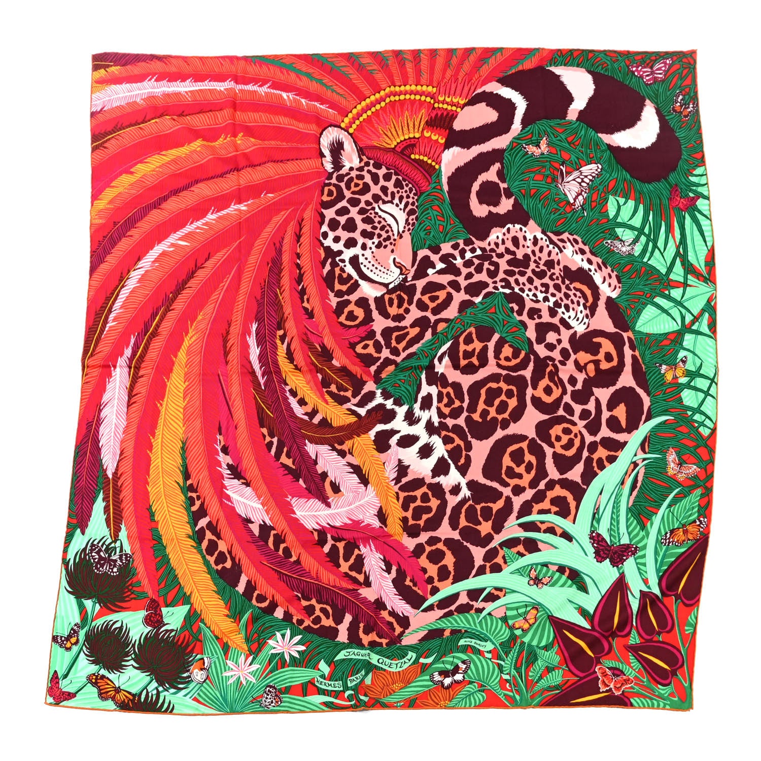 Hermes Cashmere Silk Jaguar Quetzal Shawl 140 Fuchsia Vert Jaune D'Or 1 of 5