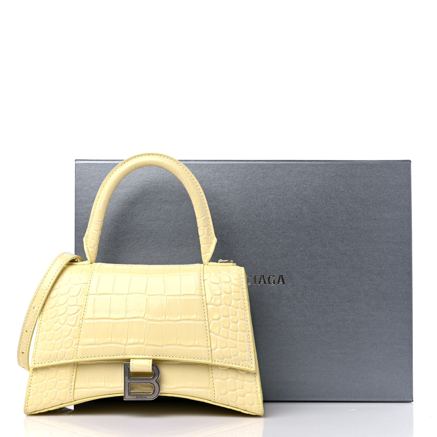 Calfskin Crocodile Embossed Small Hourglass Top Handle Bag Pale Yellow