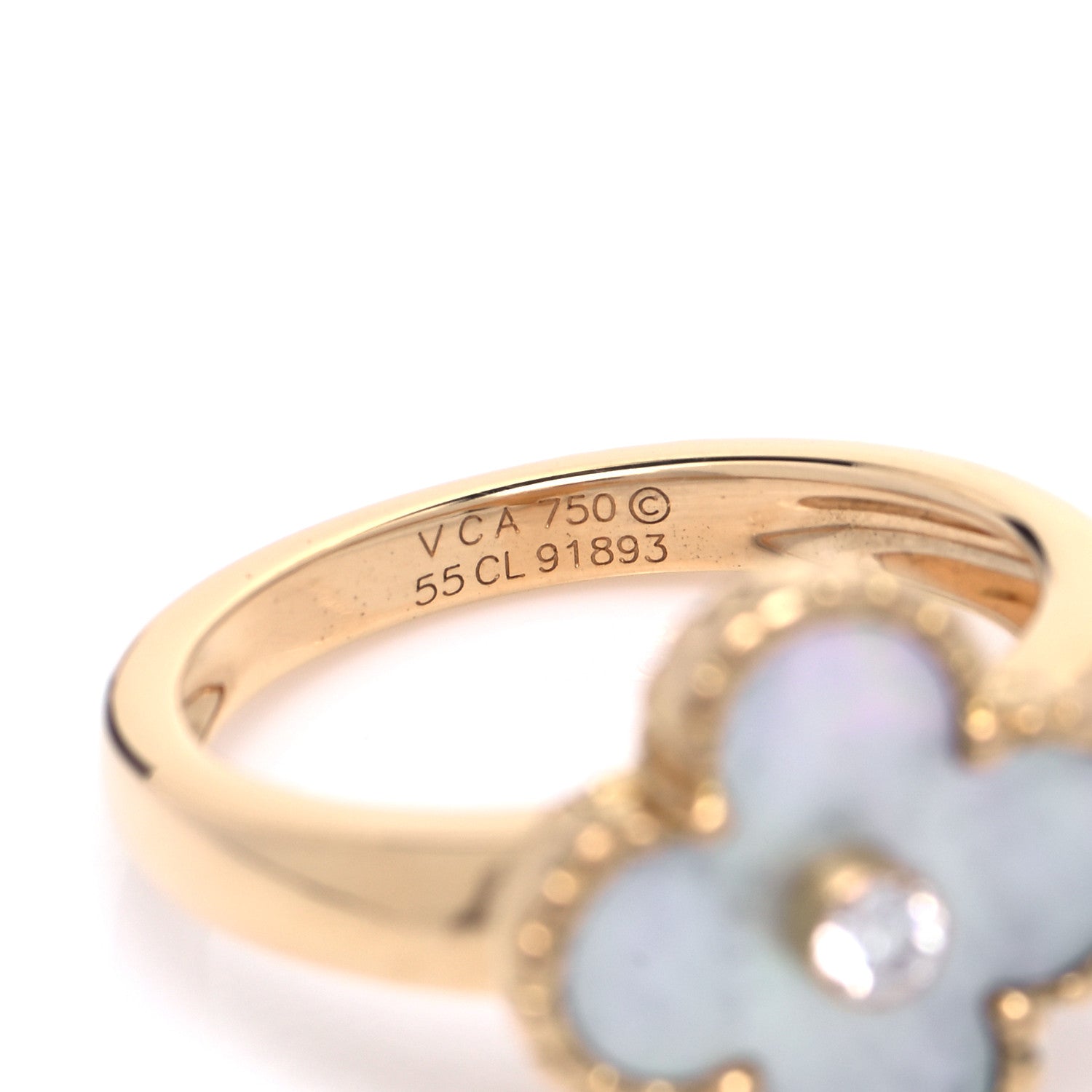 Van Cleef & Arpels 18K Yellow Gold Diamond Mother of Pearl Vintage Alhambra Ring 55 7.25 5 of 7