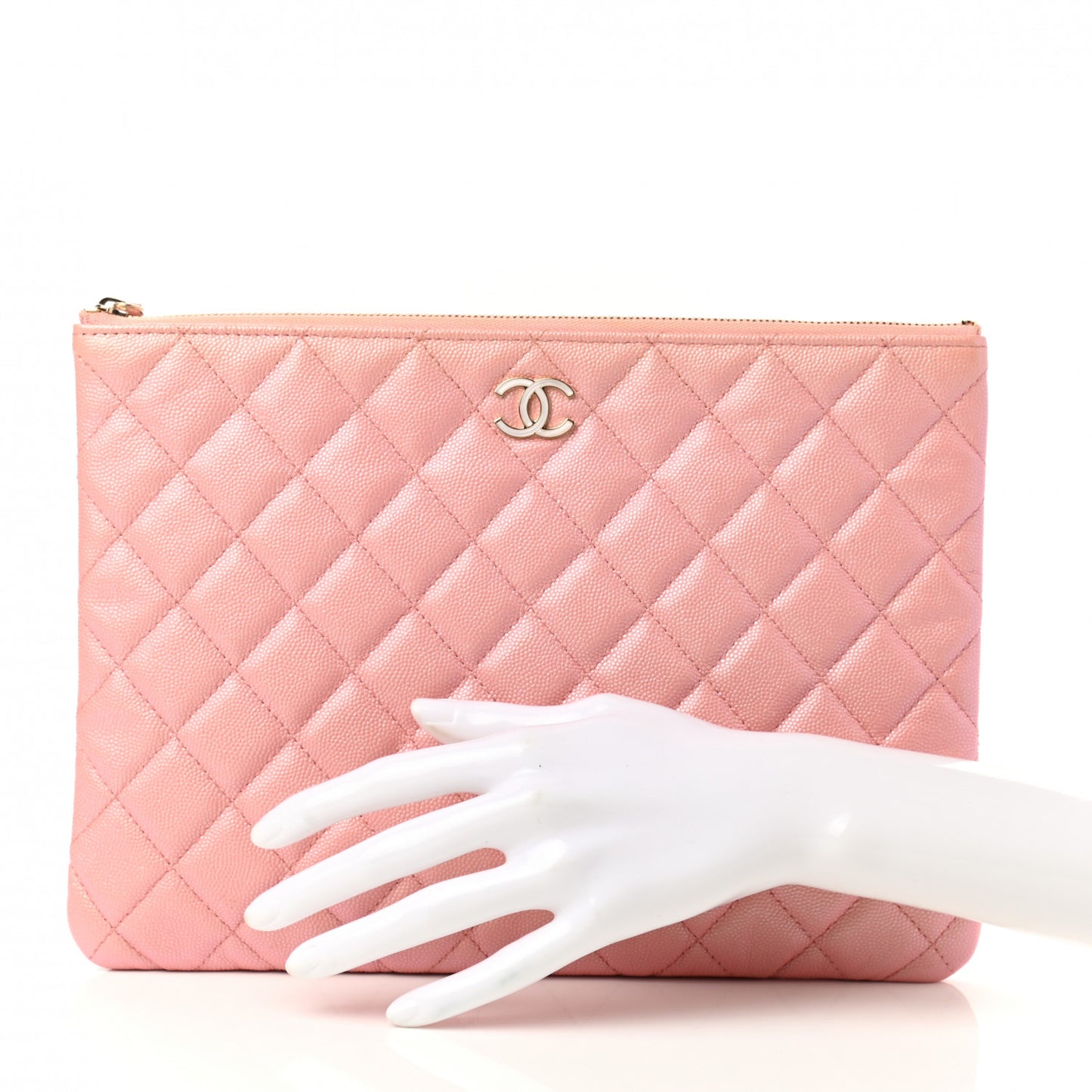 Iridescent Caviar Quilted Medium Cosmetic Case Rose Pink