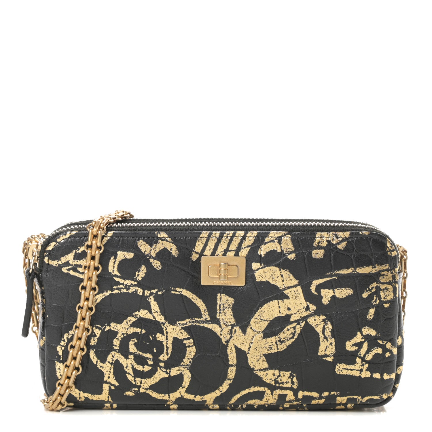 Chanel Calfskin Crocodile Embossed Graffiti 2.55 Cocodile Reissue Clutch With Chain Black Gold 1 of 14