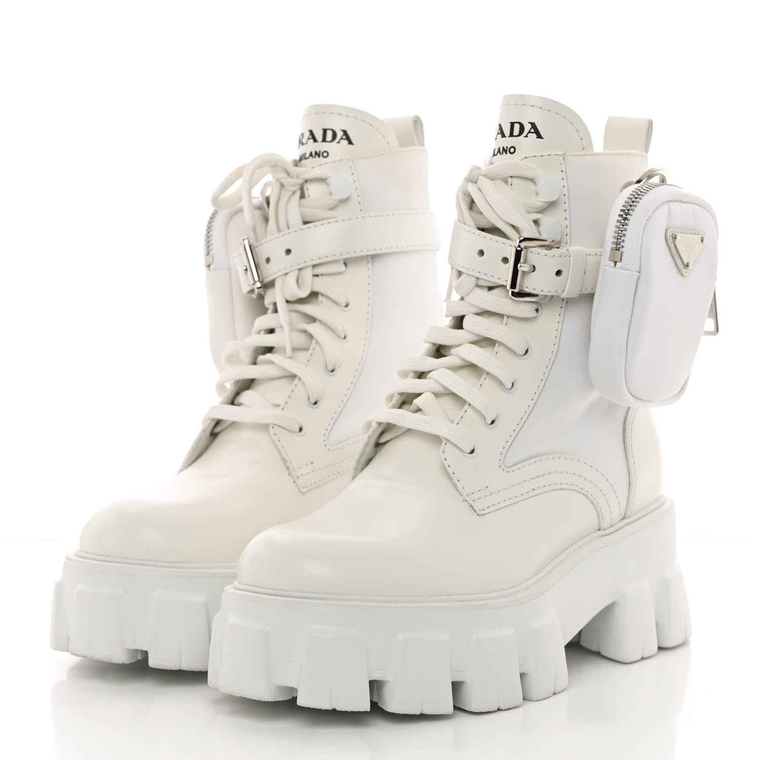 Prada Spazzolato Rois Re-Nylon Metal Triangle Logo Monolith Pouch Pocket 55mm Boots 35 White 3 of 16