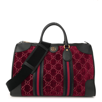 Gucci Velvet GG Monogram Textured Calfskin Web Medium Duffle Bag Red Cipria Black 1 of 12