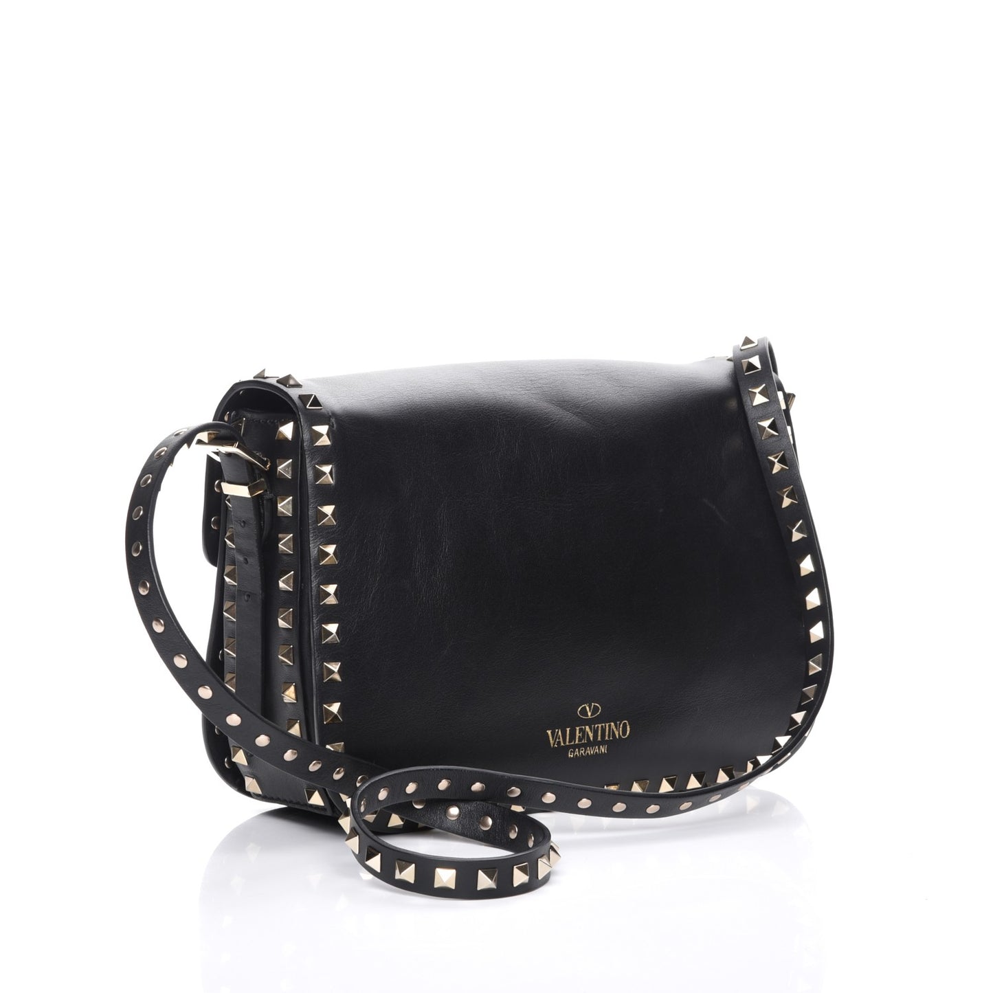 Vitello Medium Rockstud Flap Saddle Bag Black