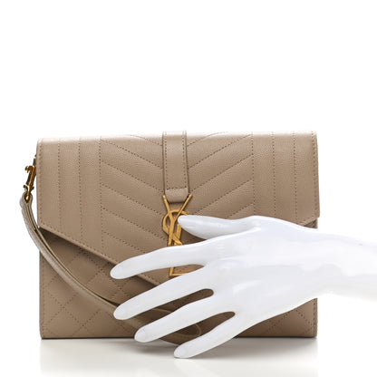 Saint Laurent Grain De Poudre Textured Mixed Matelasse Triquilt Monogram Clutch Dark Beige 2 of 9