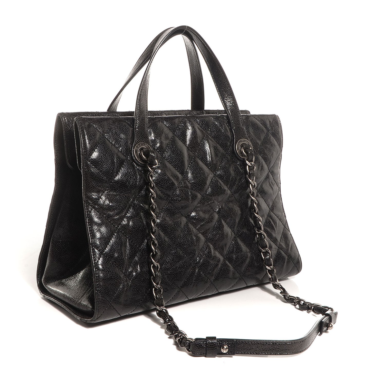 Crumpled Grained Calfskin Quilted CC Crave Tote Black