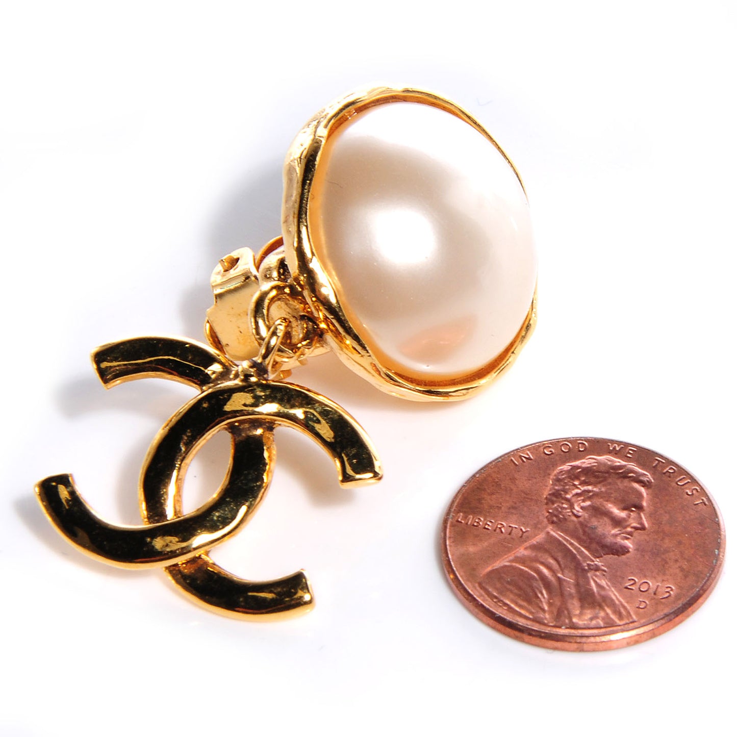 Gold And Pearl CC Drop Clip On Earrings