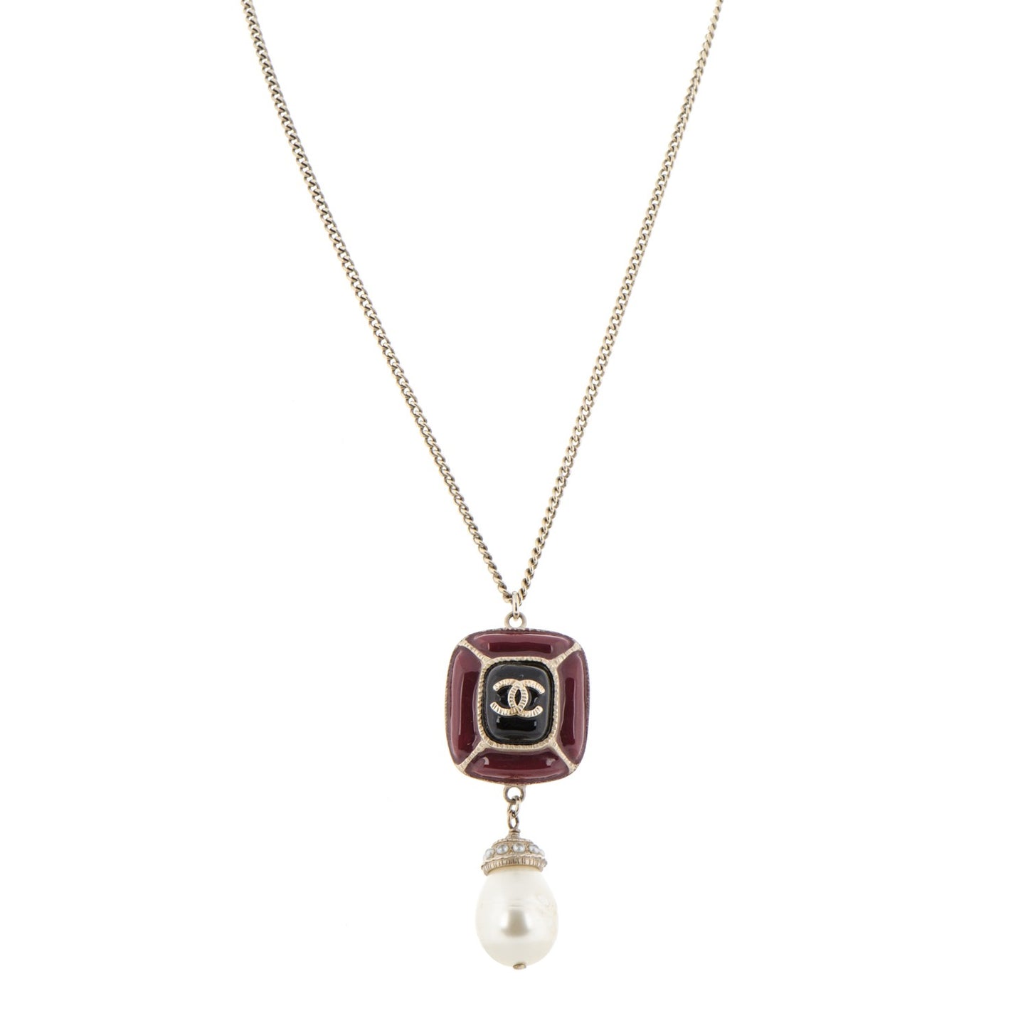 Enamel Pearl CC Pendant Necklace Gold