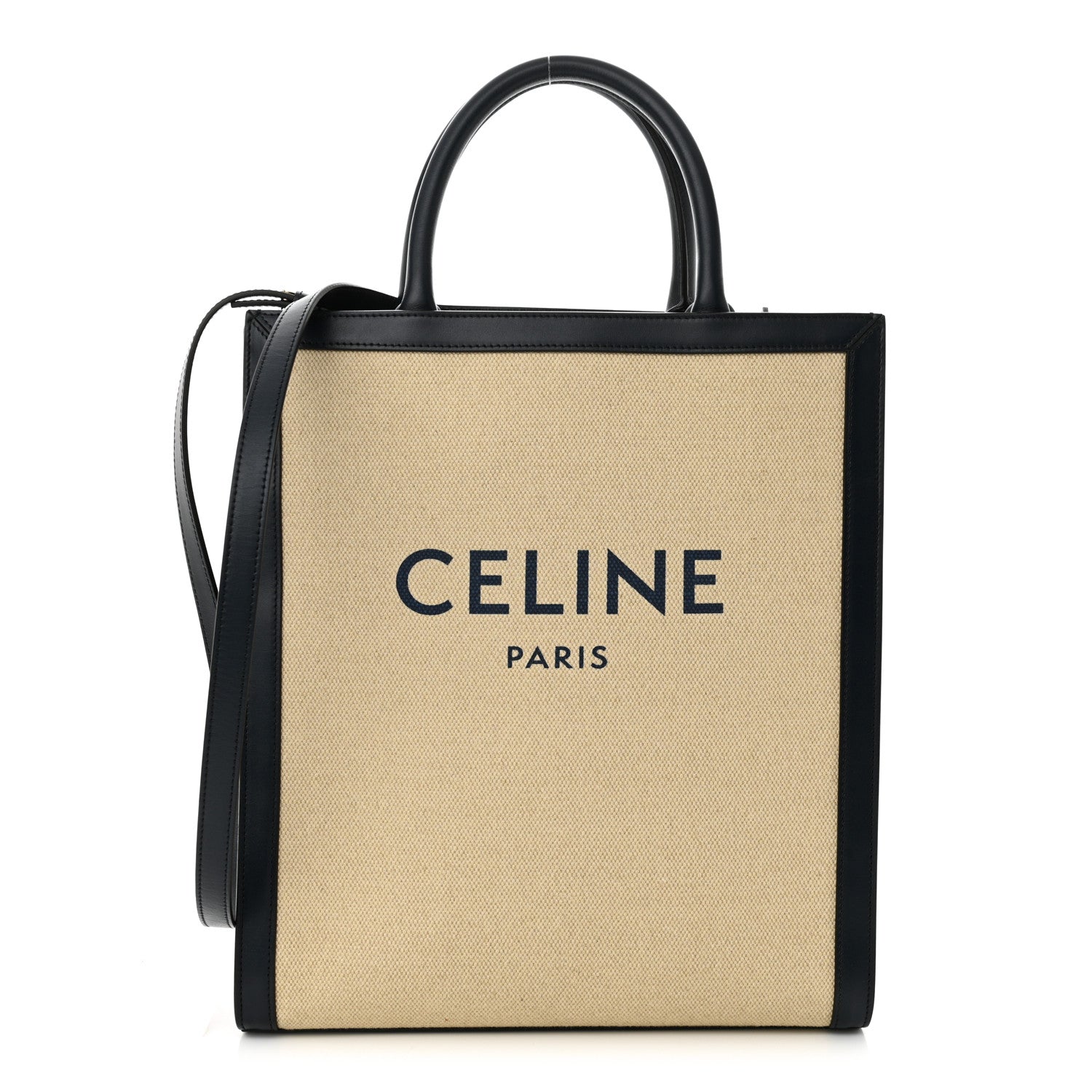 Celine Canvas Calfskin Logo Print Small Vertical Cabas Natural Navy 1 of 11