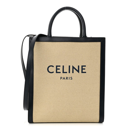 Celine Canvas Calfskin Logo Print Small Vertical Cabas Natural Navy 1 of 11