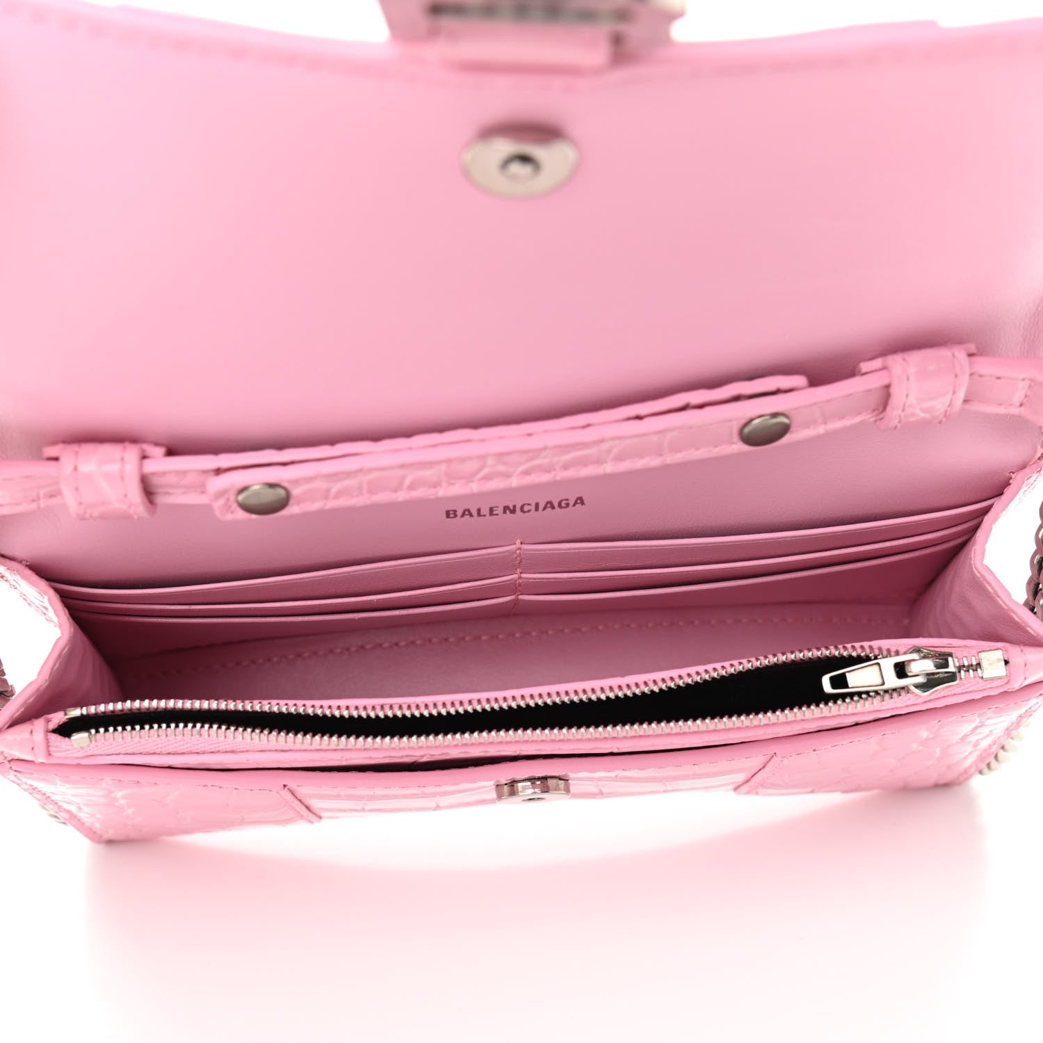 Balenciaga Shiny Calfskin Crocodile Embossed Hourglass Chain Bag Candy Pink 5 of 10