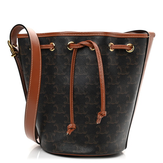 Triomphe Canvas Calfskin Small Drawstring Bucket Bag Tan