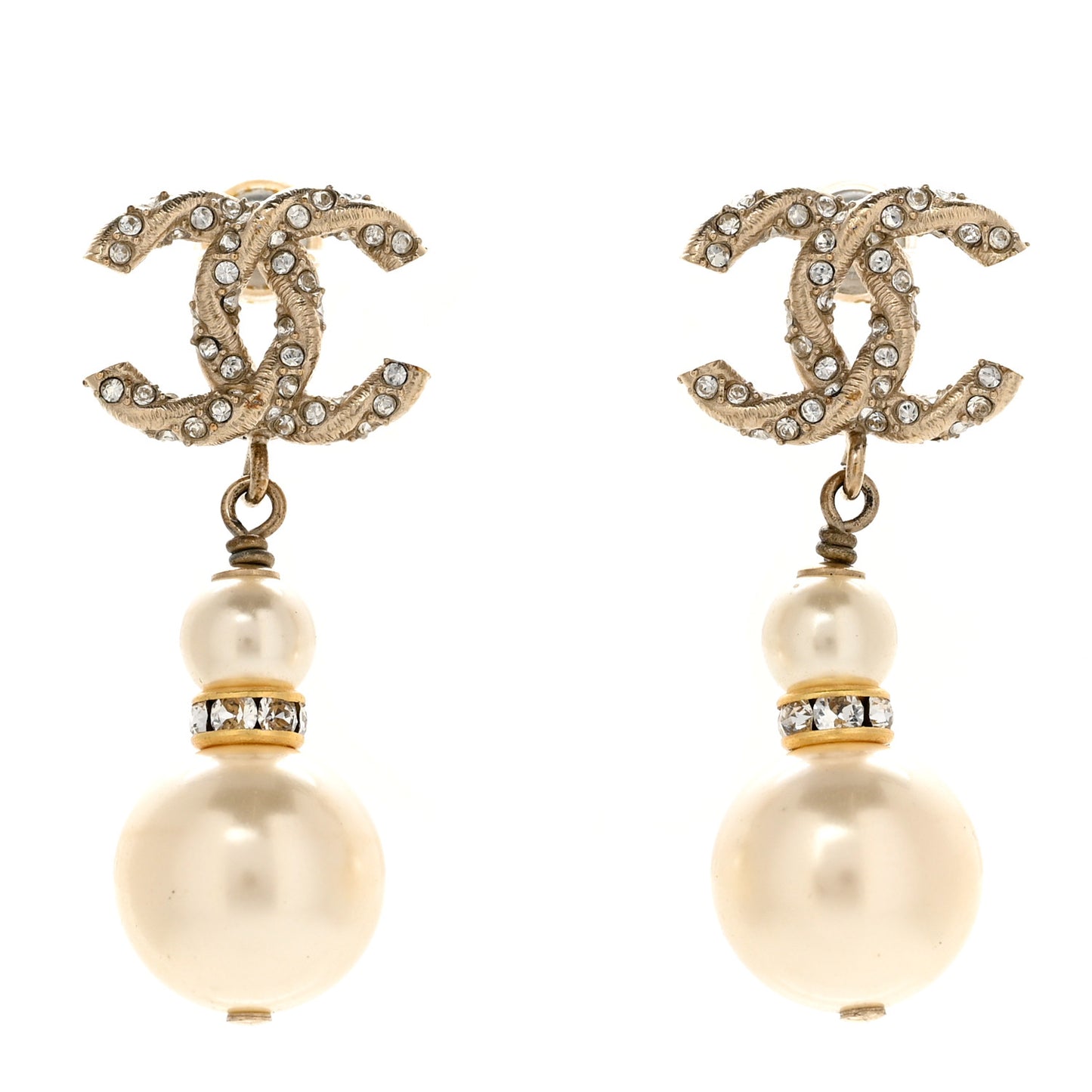 Pearl Crystal Twisted CC Drop Earrings Gold