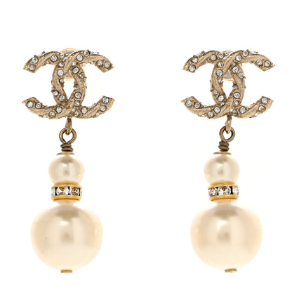 Chanel Pearl Crystal Twisted CC Drop Earrings Gold 1 of 4
