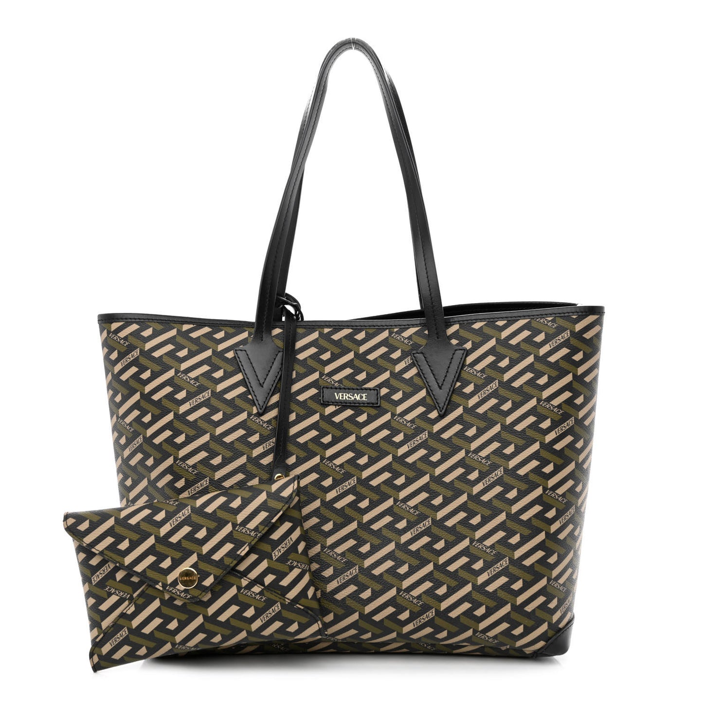 Canvas Calfskin Monogram La Greca Medusa Tote Black Khaki