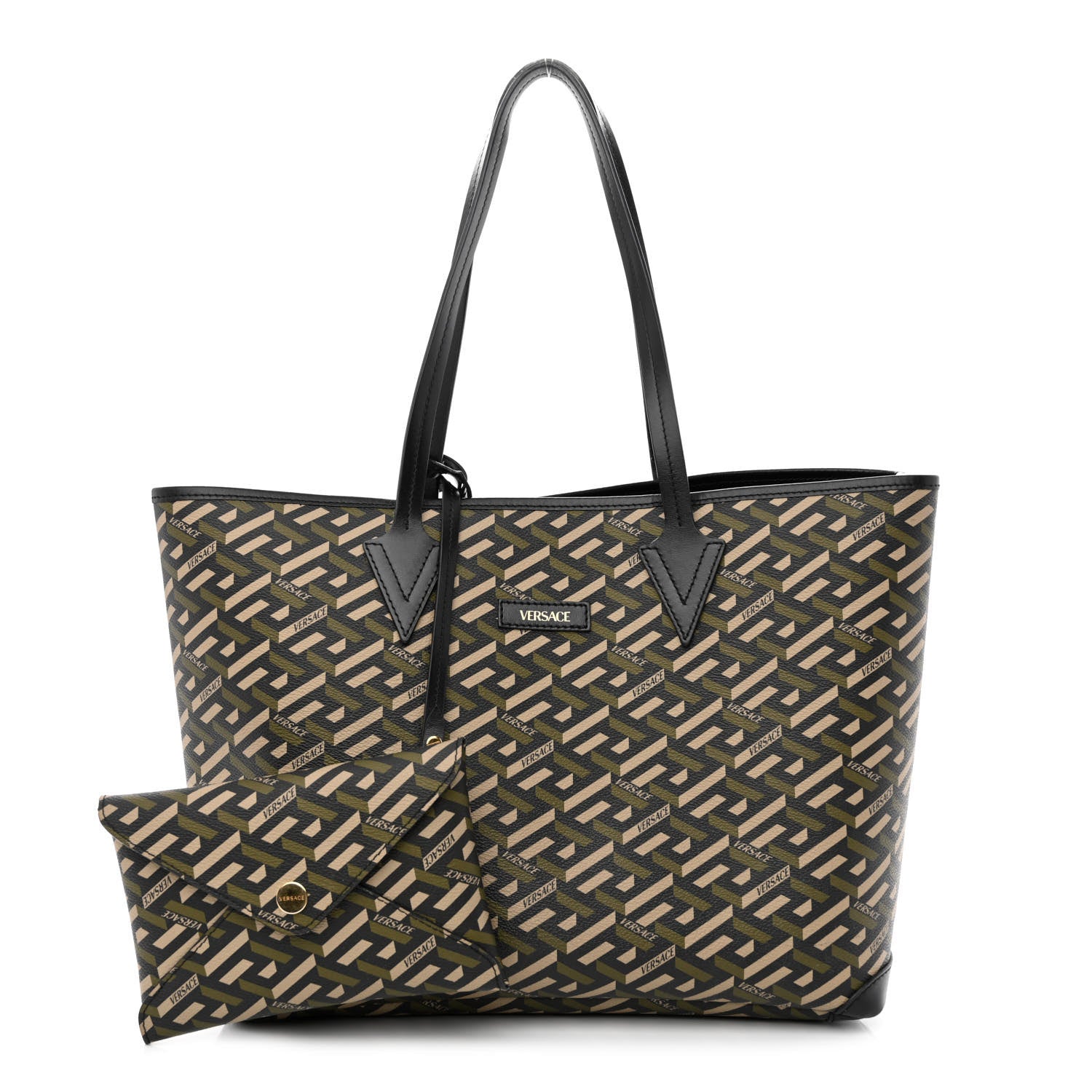 Versace Canvas Calfskin Monogram La Greca Medusa Tote Black Khaki 1 of 11