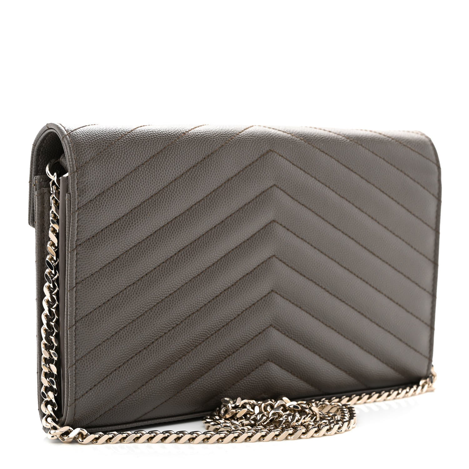 Saint Laurent Grain De Poudre Matelasse Chevron Monogram Chain Wallet Fog 3 of 11