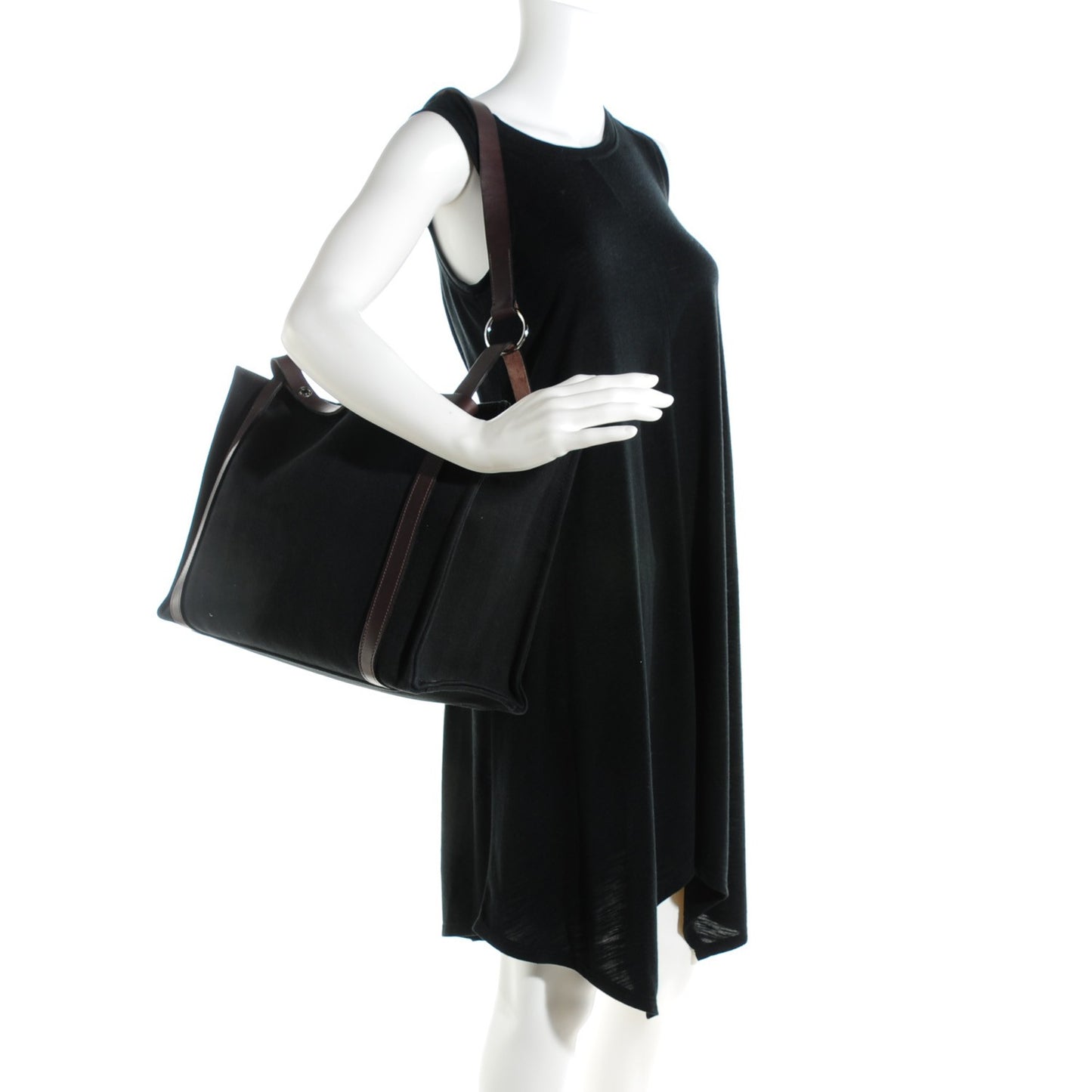 Natural Hunter Calfskin Toile Chevron Cabalicol Tote Black Ebene