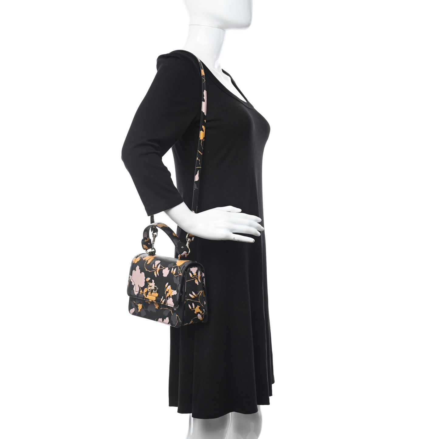 Hammered Calfskin Floral Printed Seila Top Handle Crossbody Bag Black Multicolor