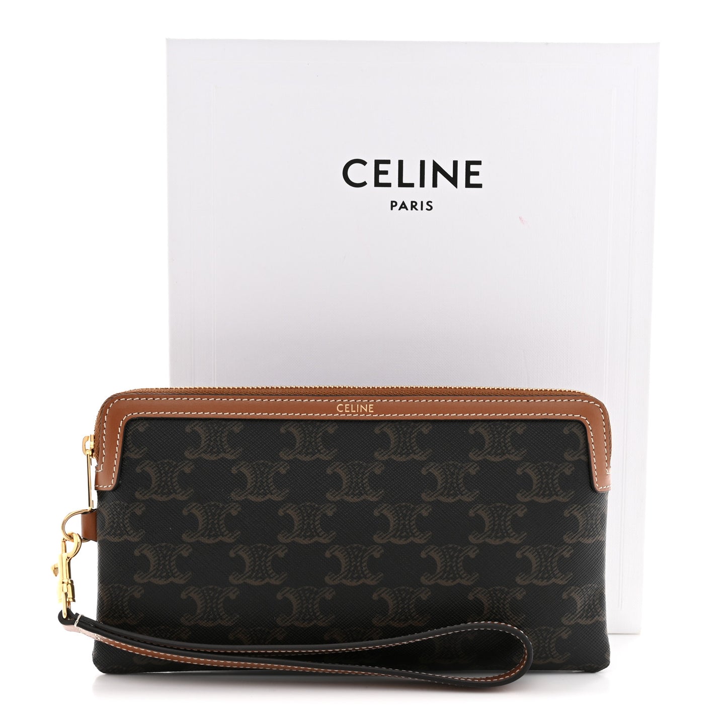 Triomphe Calfskin Long Pouch With Strap Tan