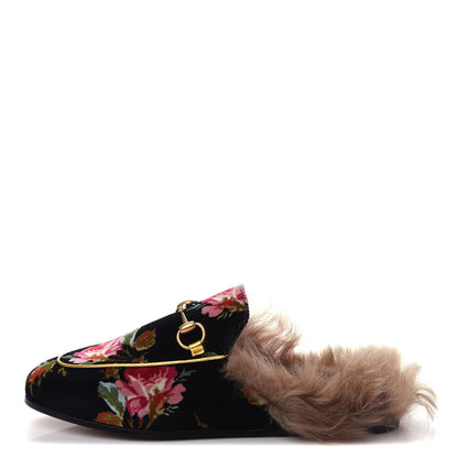 Gucci Velvet Fur Floral Womens Princetown Slippers 36.5 Black 1 of 9