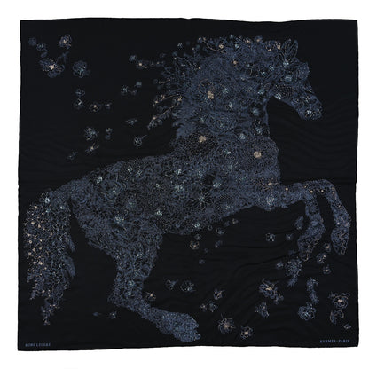 Hermes Silk Embroidered Robe Legere Scarf 90 Black Bleu 1 of 3