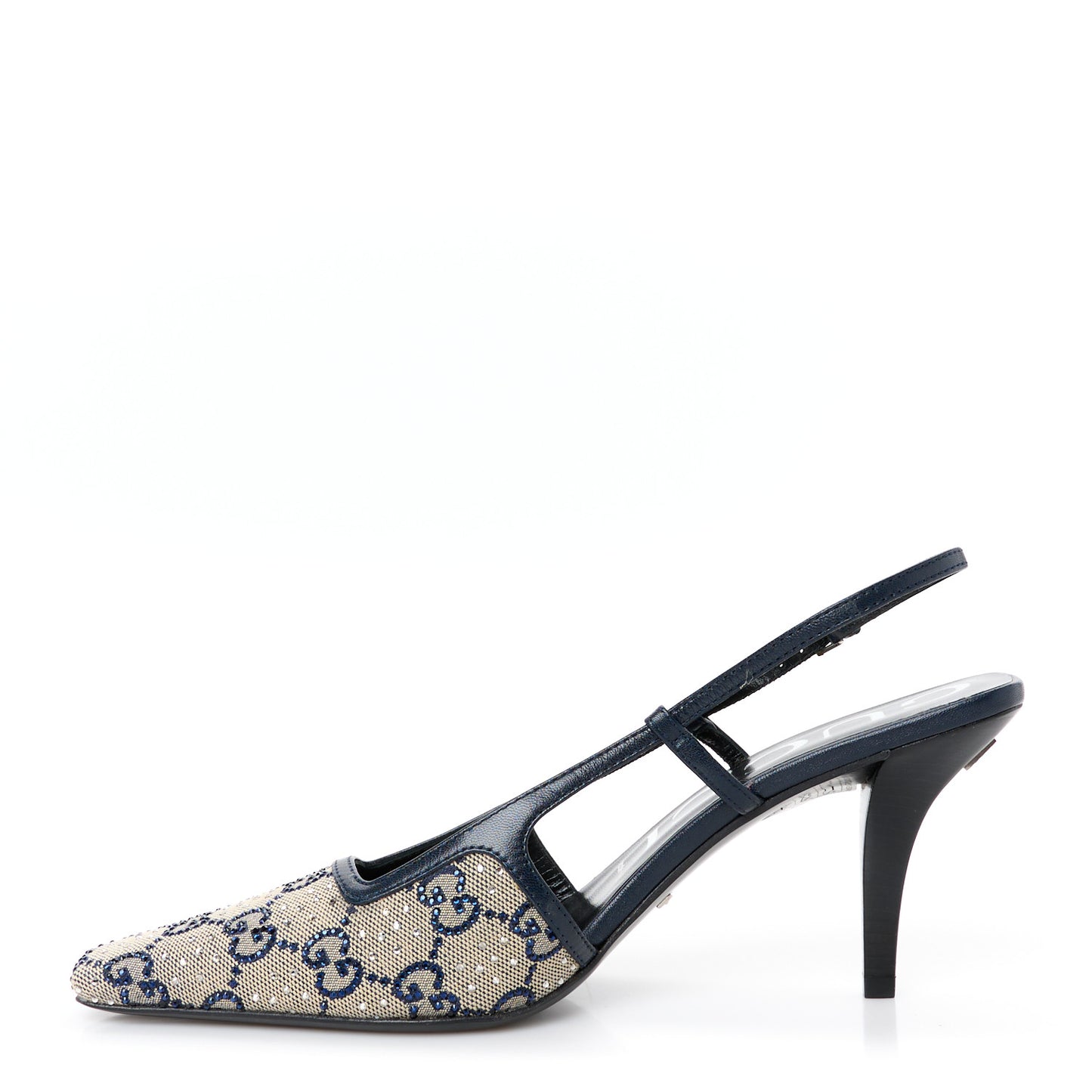GG Monogram Malaga Kid Crystal Square G 75mm Slingback Pumps 38 Beige Blue