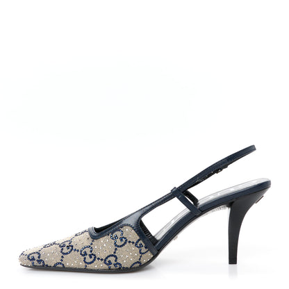 Gucci GG Monogram Malaga Kid Crystal Square G 75mm Slingback Pumps 38 Beige Blue 1 of 10