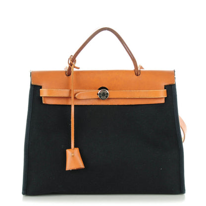 Hermes Toile Vache Calfskin Herbag 30 PM Black Natural 1 of 11