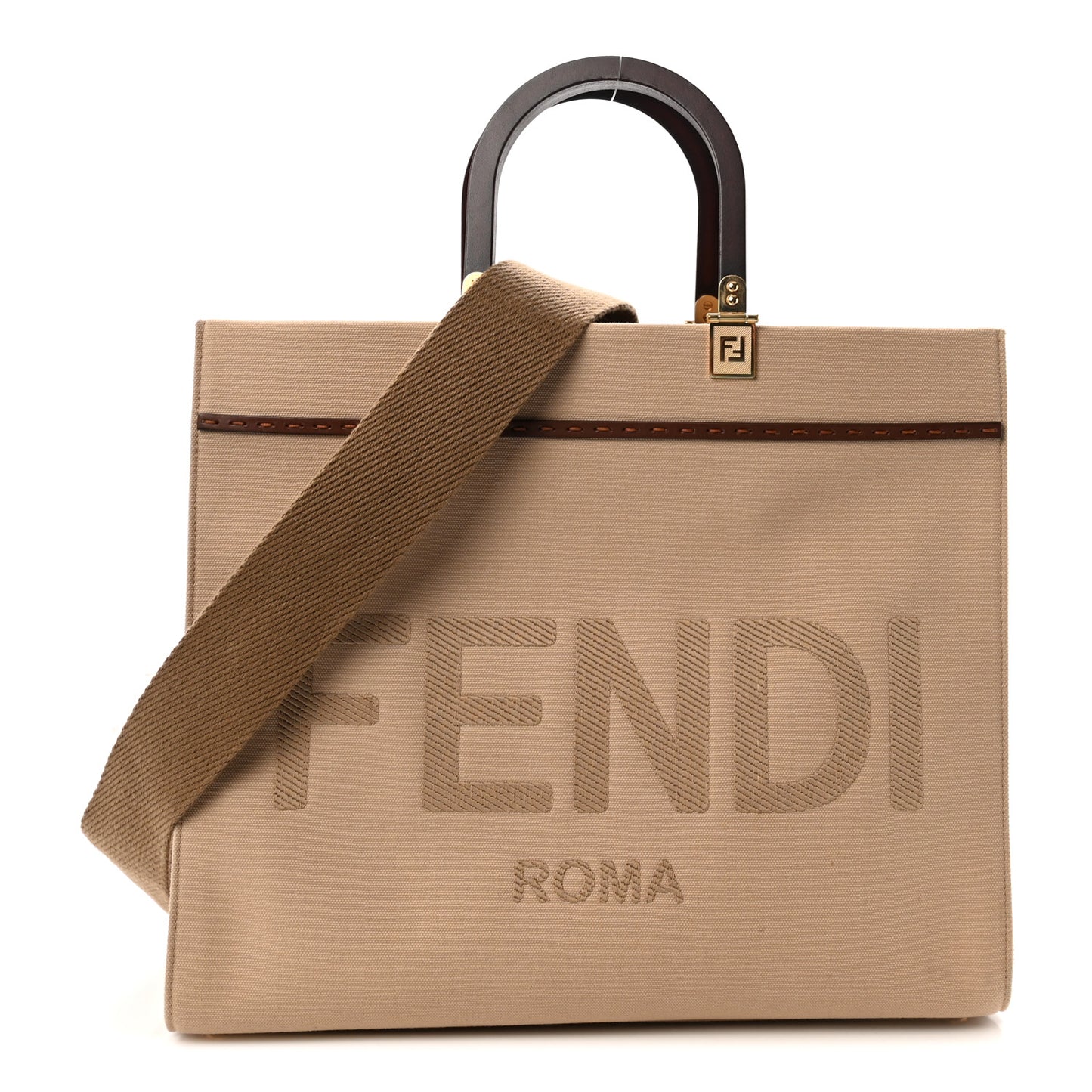 Canvas Vitello King Logo Embroidered Medium Fendi Sunshine Shopper Tote Sand Ghianda