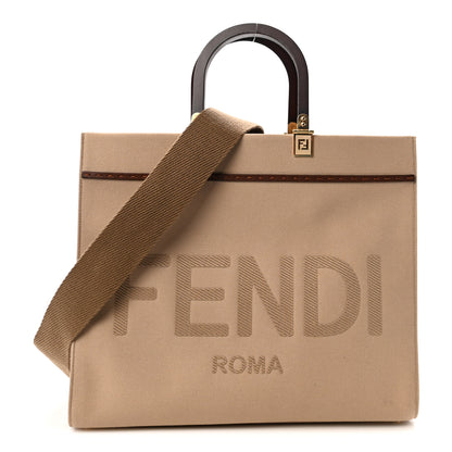 Fendi Canvas Vitello King Logo Embroidered Medium Fendi Sunshine Shopper Tote Sand Ghianda 1 of 9