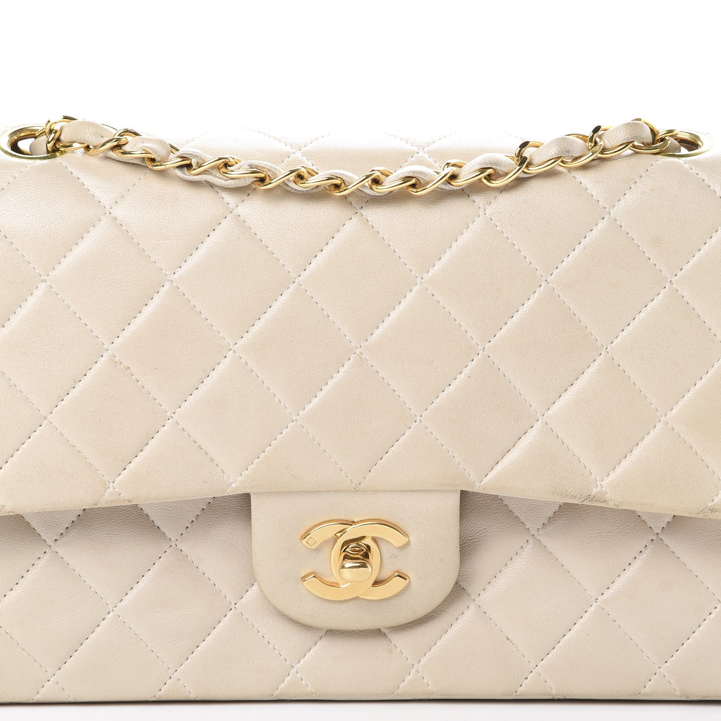 Lambskin Quilted Medium Double Flap Beige