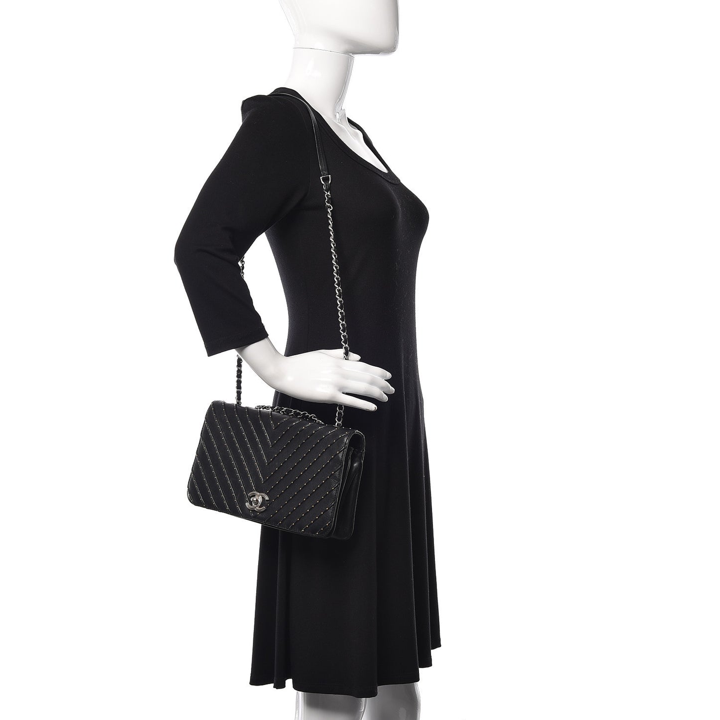 Calfskin Studded Chevron Quilted Flap Black