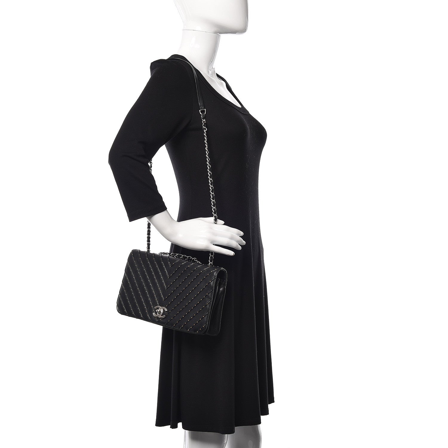 Chanel Calfskin Studded Chevron Quilted Flap Black 1 of 12