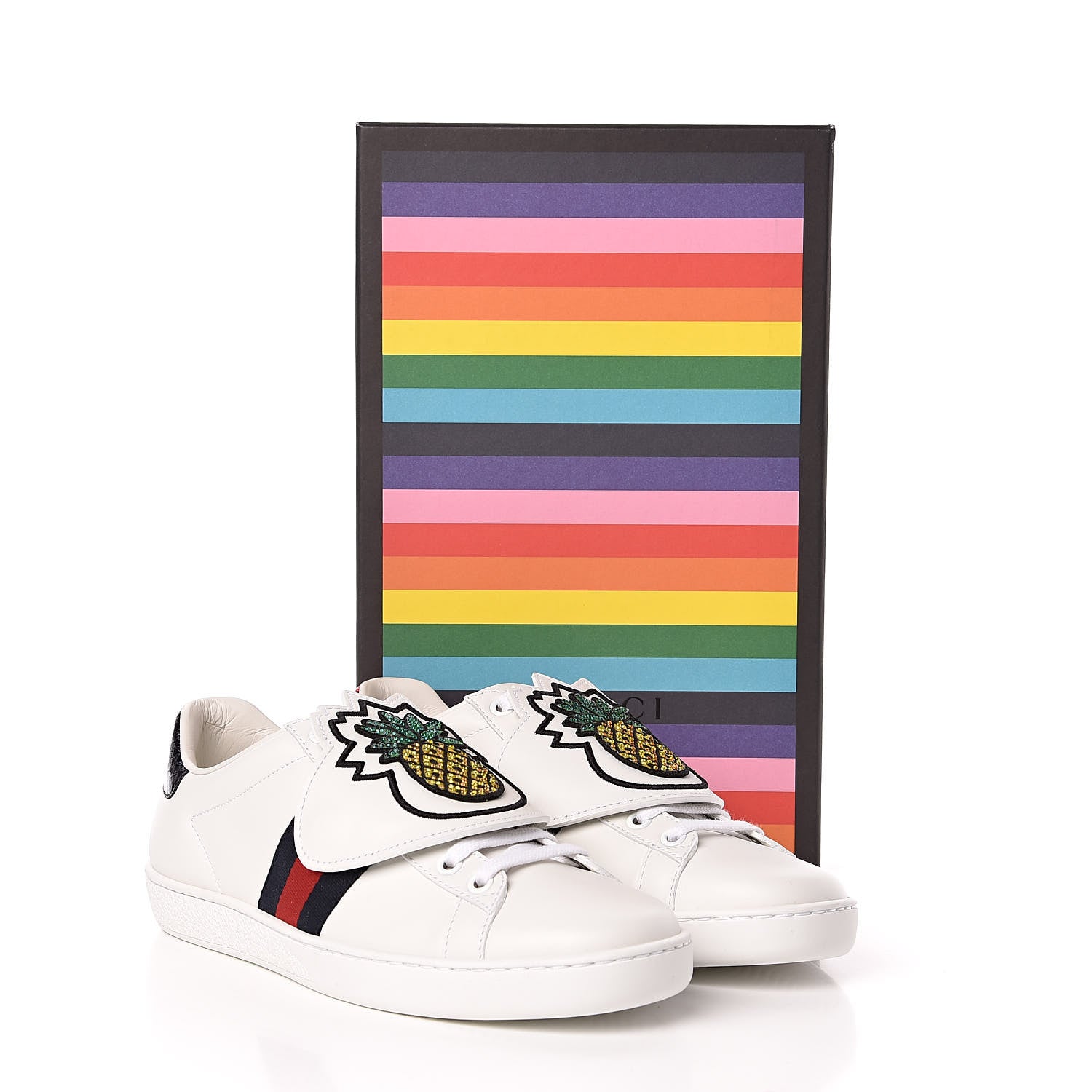 Gucci Calfskin Ayers Crystal Web Womens New Ace Pineapple Sneakers 37 White 11 of 11