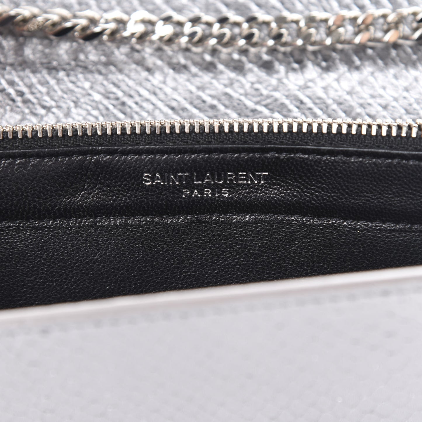 Metallic Calfskin Python Embossed Monogram Chain Wallet Silver