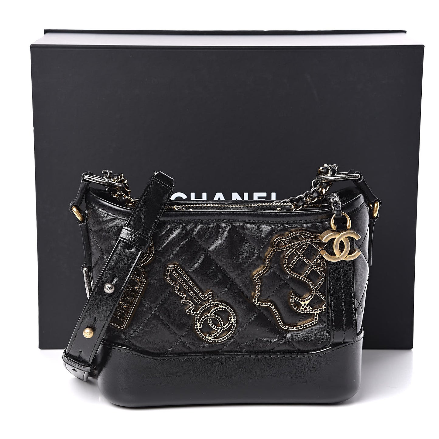 Aged Calfskin Quilted Charms Small Gabrielle Hobo Black