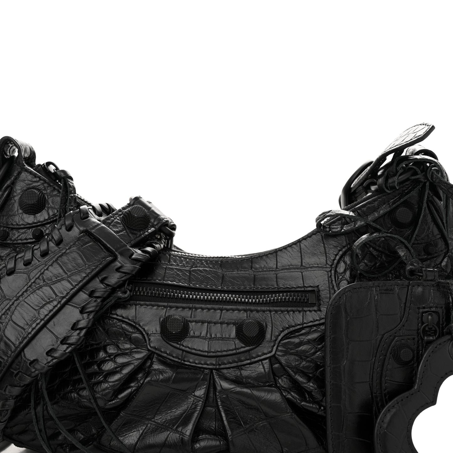 Extra Supple Calfskin Crocodile Embossed Monochrome Small Le Cagole Shoulder Bag Black