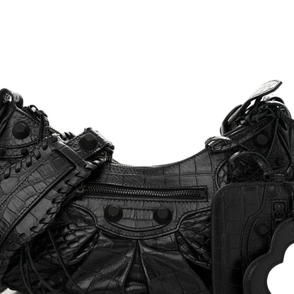 Balenciaga Extra Supple Calfskin Crocodile Embossed Monochrome Small Le Cagole Shoulder Bag Black 7 of 12