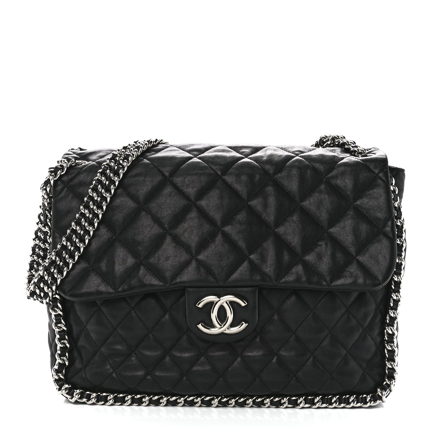 Washed Lambskin Chain Around Maxi Flap Bag Black