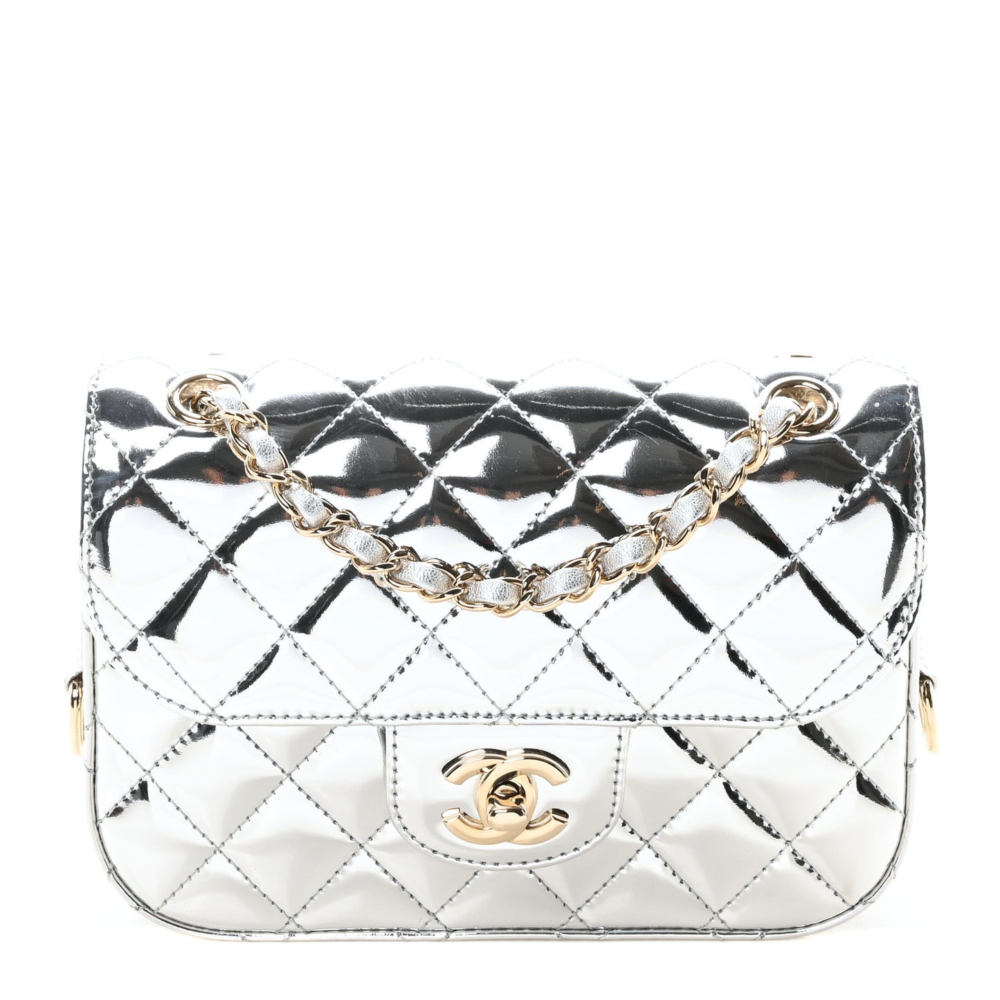 Mirror Calfskin Metallic Calfskin Quilted Hollywood Boulevard Mini Flap With Star Coin Purse Silver