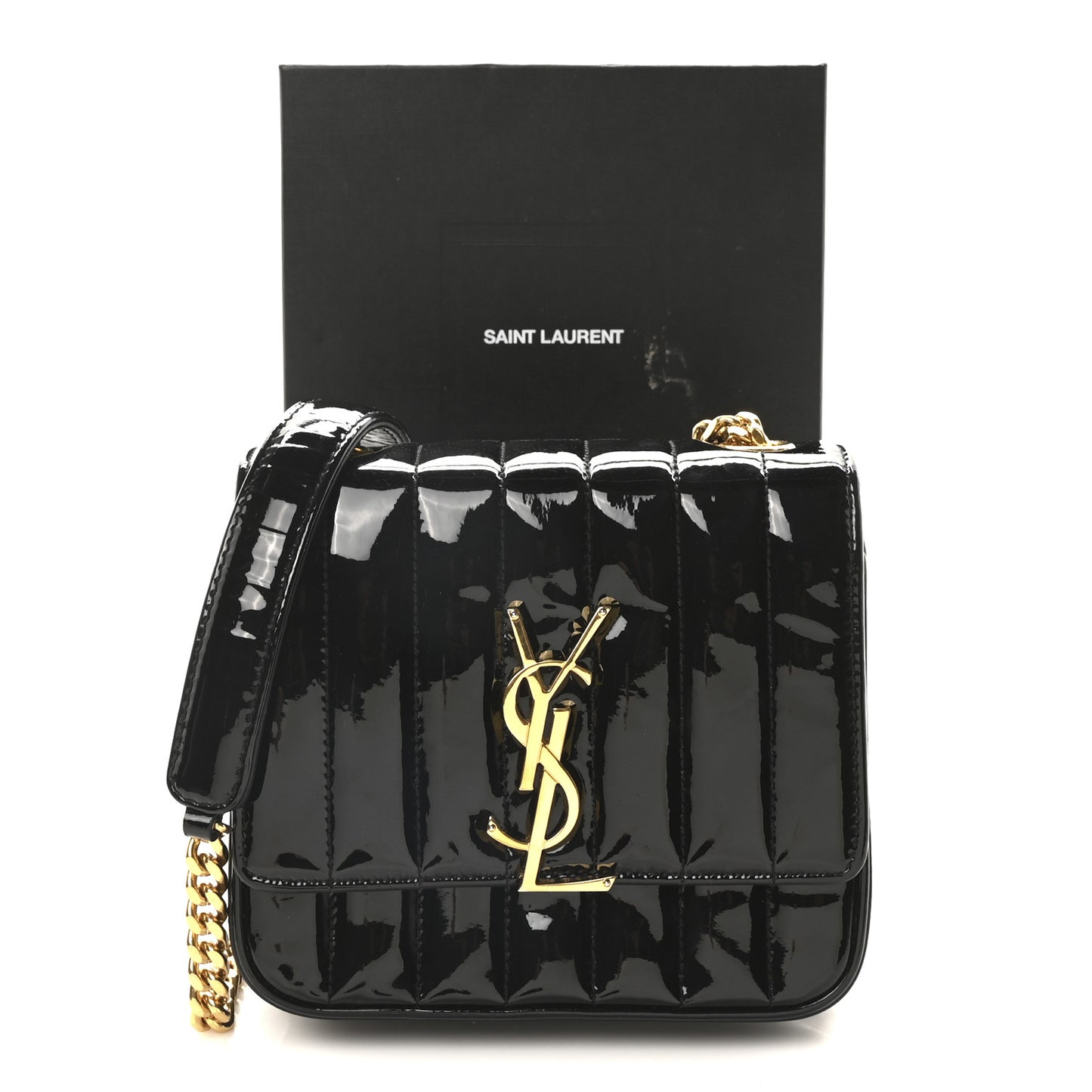 Patent Calfskin Matelasse Monogram Small Vicky Chain Bag Black