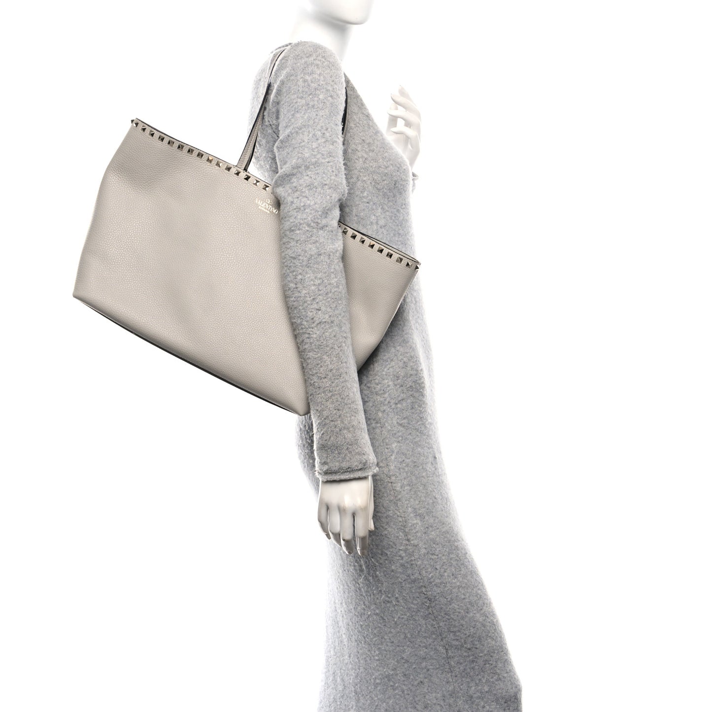 Grained Calfskin Rockstud Shoulder Tote Perla