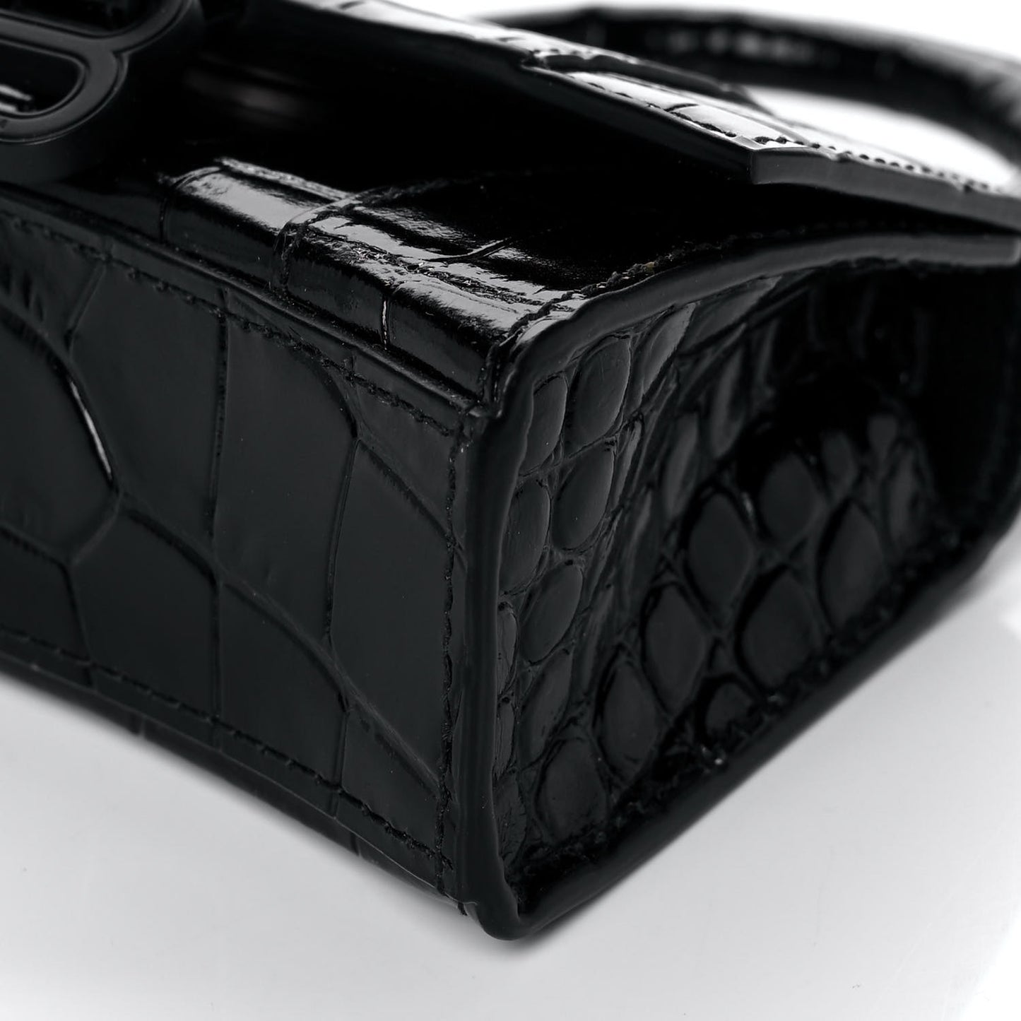 Shiny Calfskin Monochrome Crocodile Embossed Hourglass Top Handle Bag Mini Black